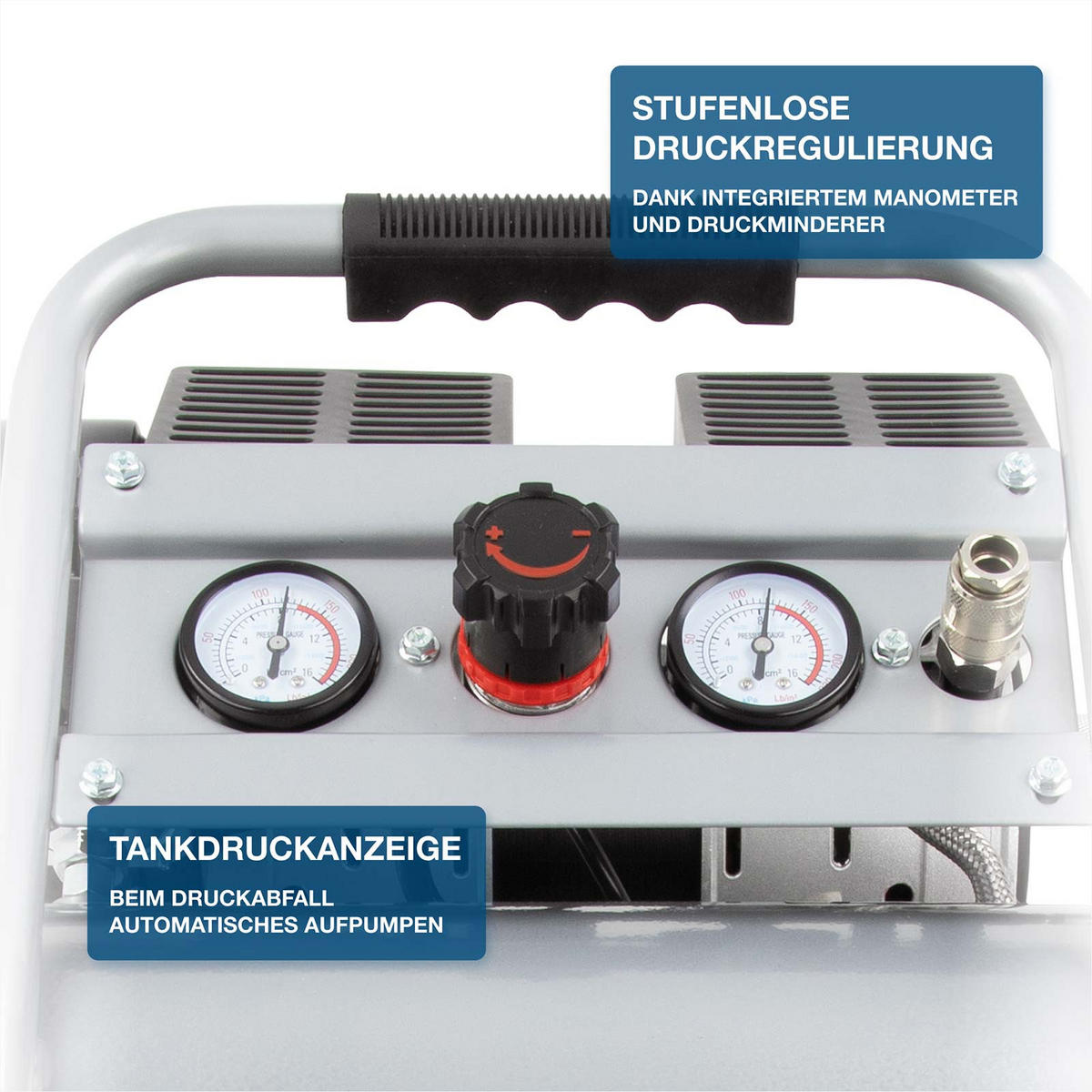 SILENT Kompressor SAC75008 (9 bar, 8L, tragbar, ÖLFREI, 49 dB, 750 W / 1 PS) - Silberfarben, Metall (41/41/35cm) - HYUNDAI