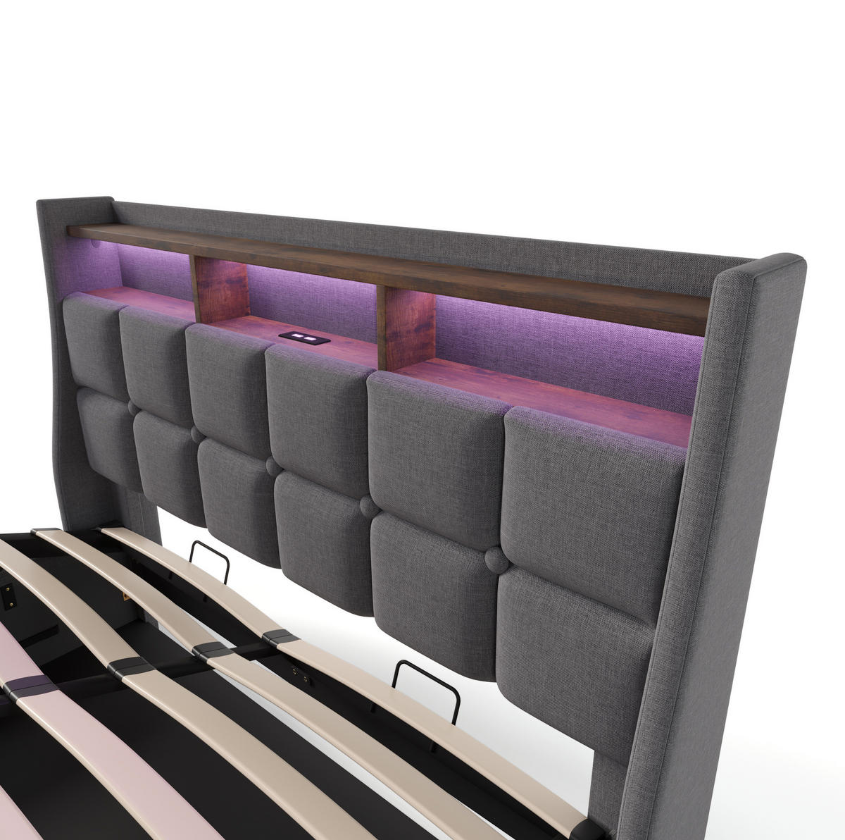 POLSTERBETT aus Leinenstoff 180x200 cm Grau mit LED-Beleuchtung, 2 USB-Anschlüssen und Bettkasten - Grau, Textil (180/200cm) - IVMEU