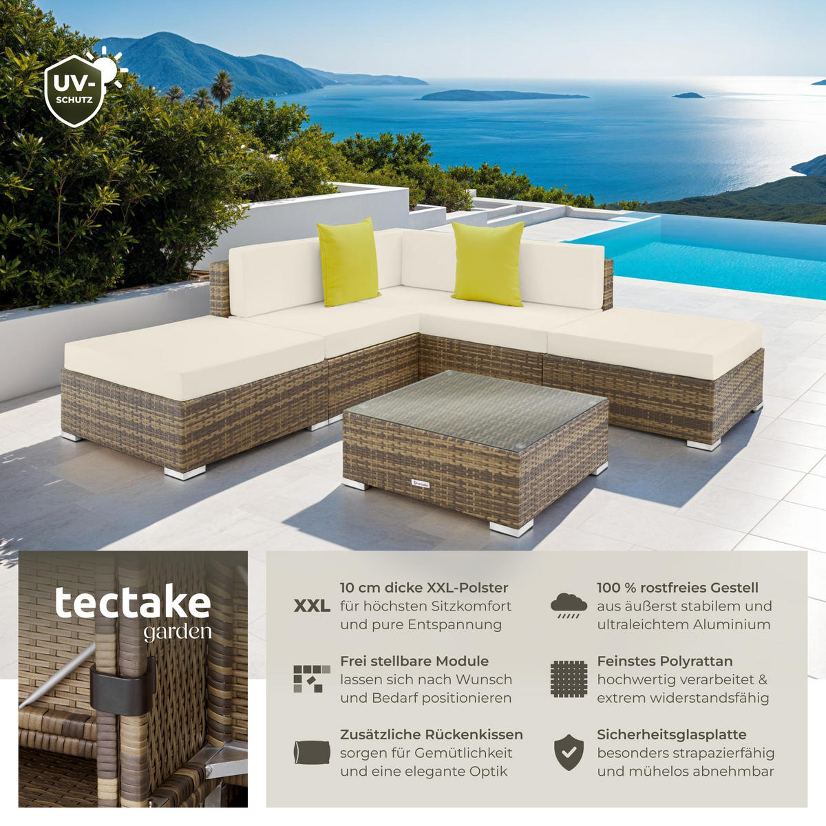 RATTANLOUNGE Paris, mit Sicherheitsglasplatte, natur - Naturfarben, Kunststoff - tectake