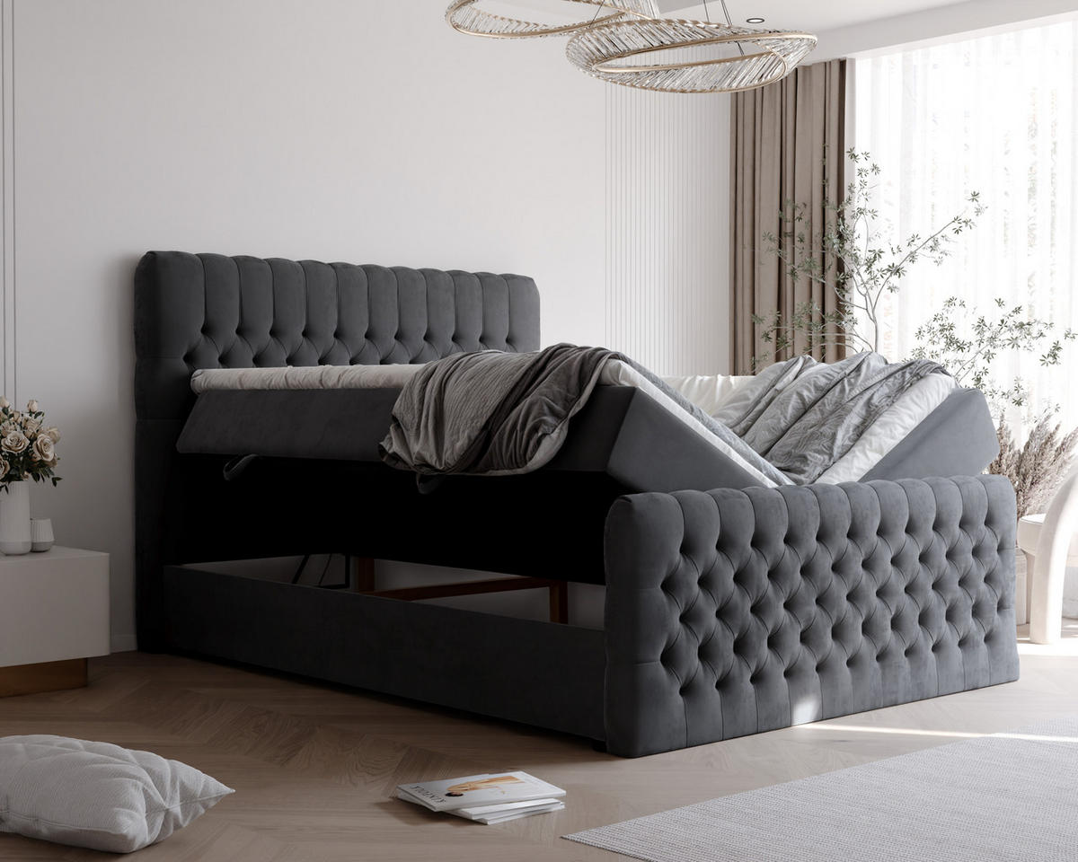 BOXBETT ALBA PLUS 120/200 cm mit Matratze und Topper, Dunkelgrau - Anthrazit, Holzwerkstoff/Textil (120/200cm) - Idohome