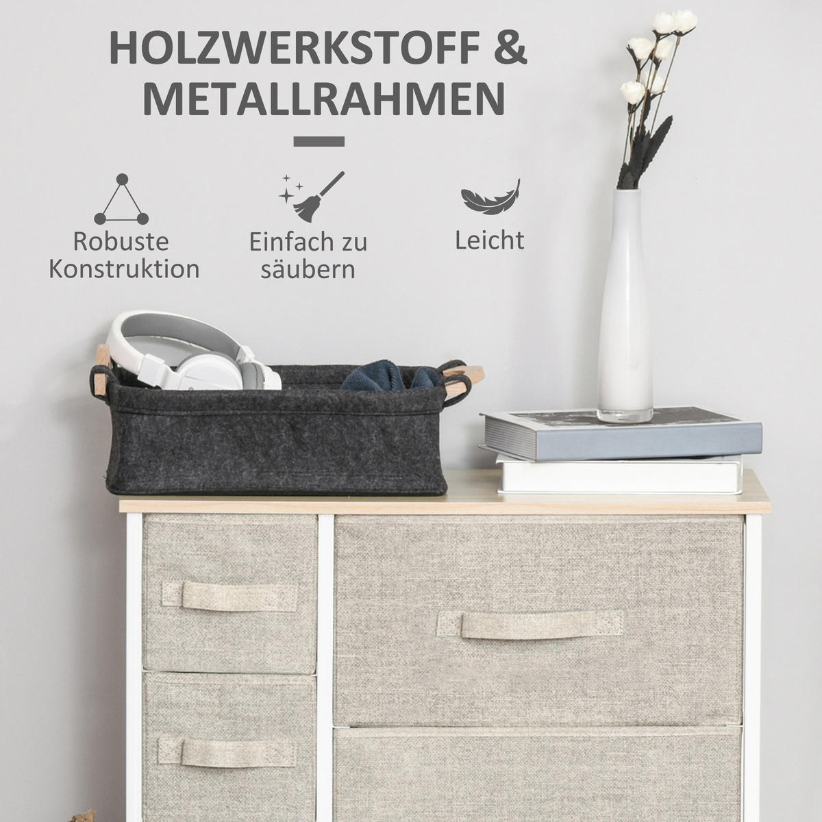 SCHUBLADENSCHRANK, Holz, Hellgrau - Hellgrau, Metall (30/71/63.5cm) - HOMCOM
