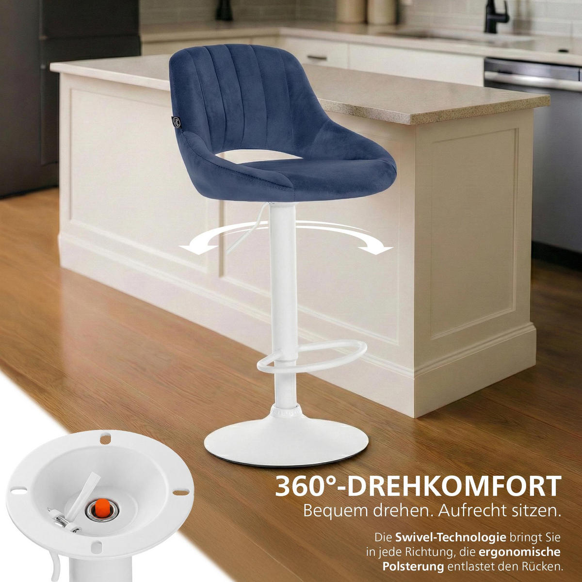 BARHOCKER Samt Blau - Blau/Weiß, Textil/Metall (47/85/48cm) - CLP
