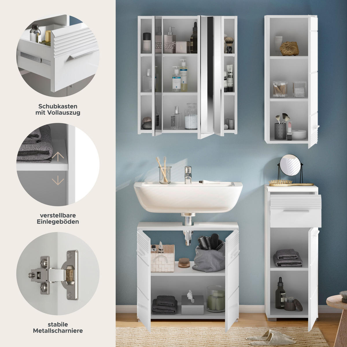 BADKOMBINATION 4tlg. Linus Bad in weiß Nachbildung und weiß hochglanz tiefzieh B/H/T: 106x182x34 cm - Weiß, Holz (106/182/34cm)
