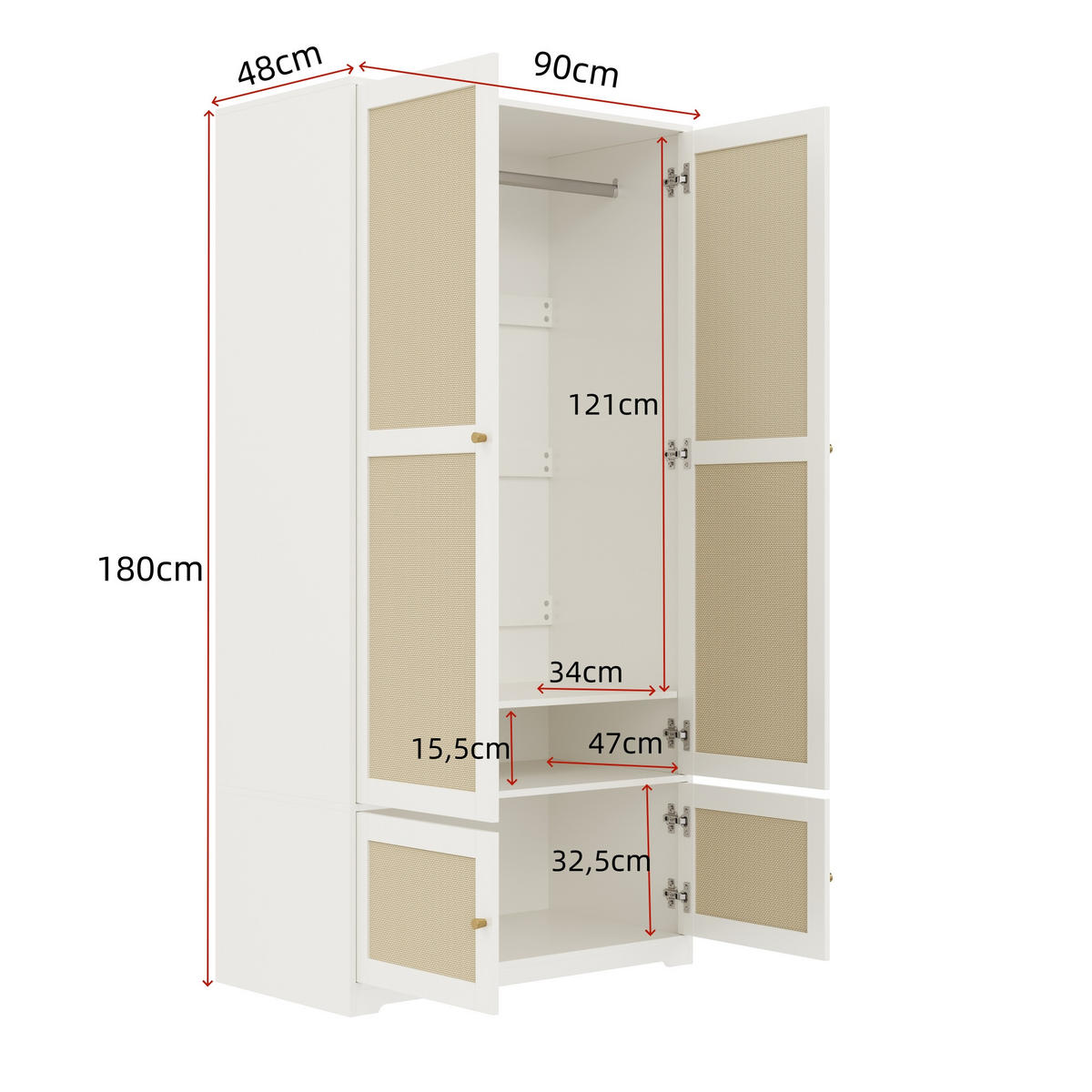 GARDEROBE in weiß mit rattan-geflecht, 2 türen - Weiß, Holzwerkstoff (90/180/48cm) - Urban Meuble