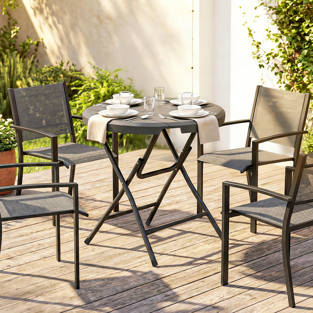 GARTENTISCH DE-07357 rund, klappbar für 4 Personen mit Holzoptik Dunkelgrau - Dunkelgrau, Kunststoff/Metall (80/80/73cm) - ComfortXL