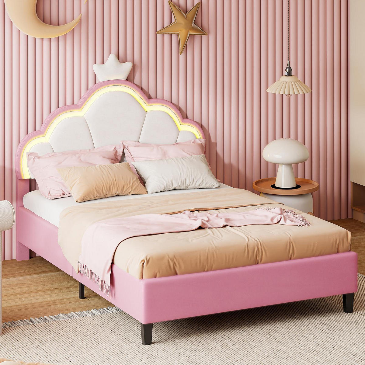 POLSTERBETT Jugendbett 140x200cm Kronen-Design LED-Beleuchtung Samt Rosa & Weiß - Rosa, Textil (140/200cm) - DELFA