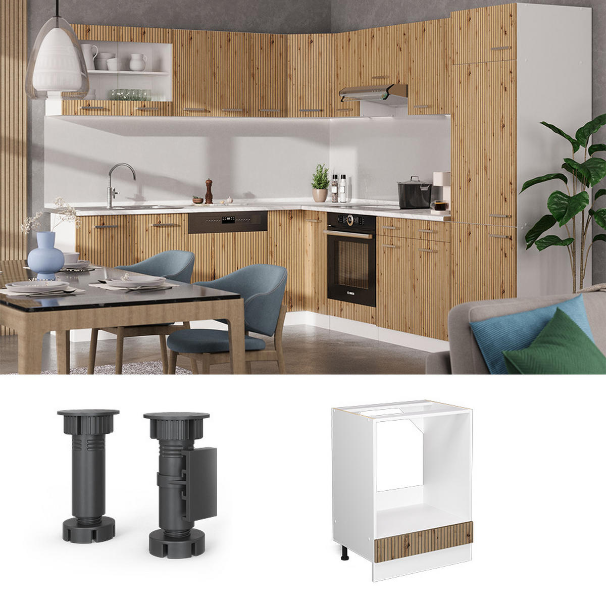 HERDUMBAUSCHRANK R-Line Artisan-Eiche 60 cm, AP Marmor - Weiß/Eiche Artisan, Holzwerkstoff (60/81.6/60cm) - Vicco