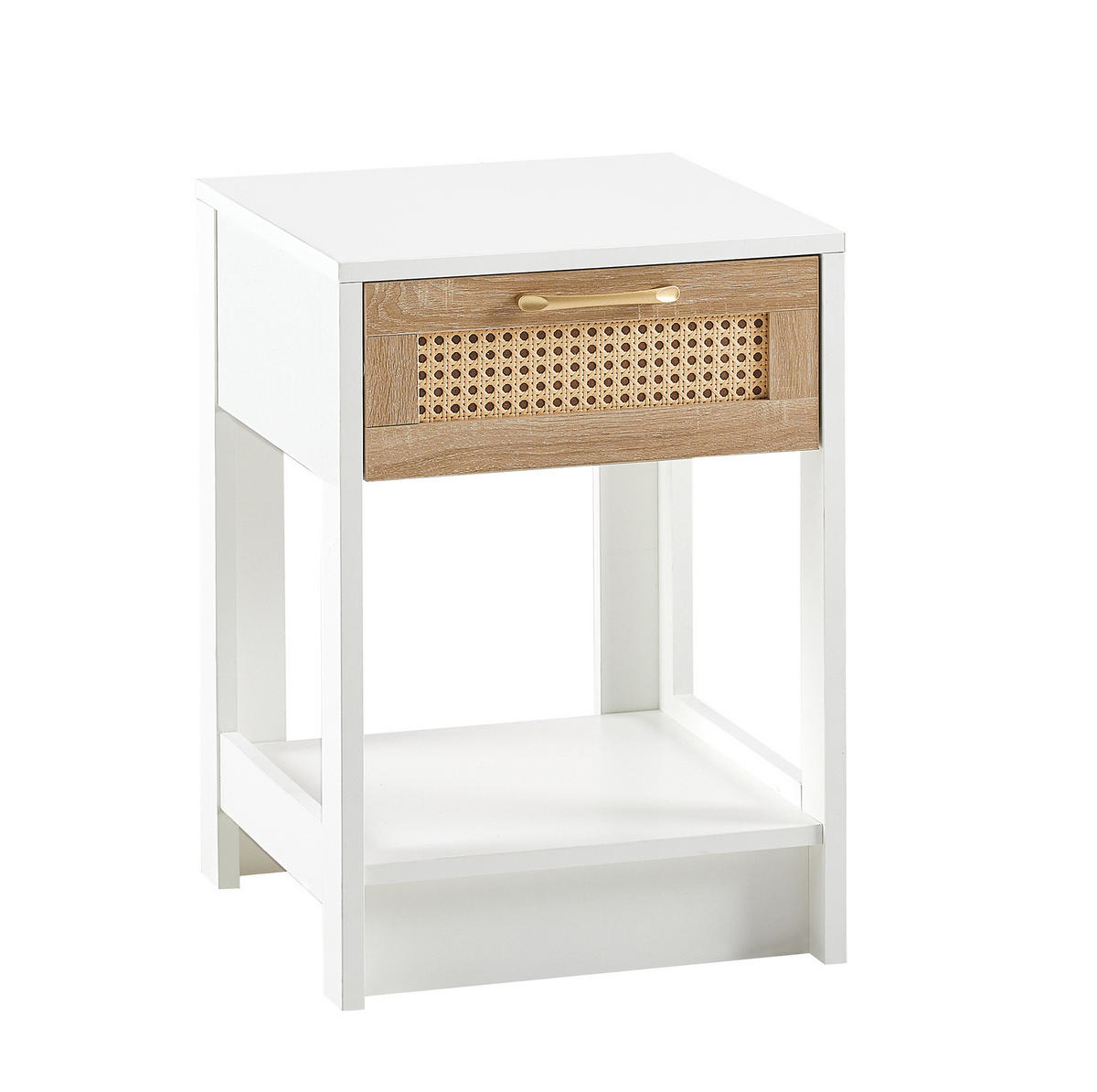 NACHTTISCH aus MDF 40x40x55 cm Natur/Weiß mit Schublade und Rattan-Optik - Weiß, Holzwerkstoff (40/55/40cm) - Modfu