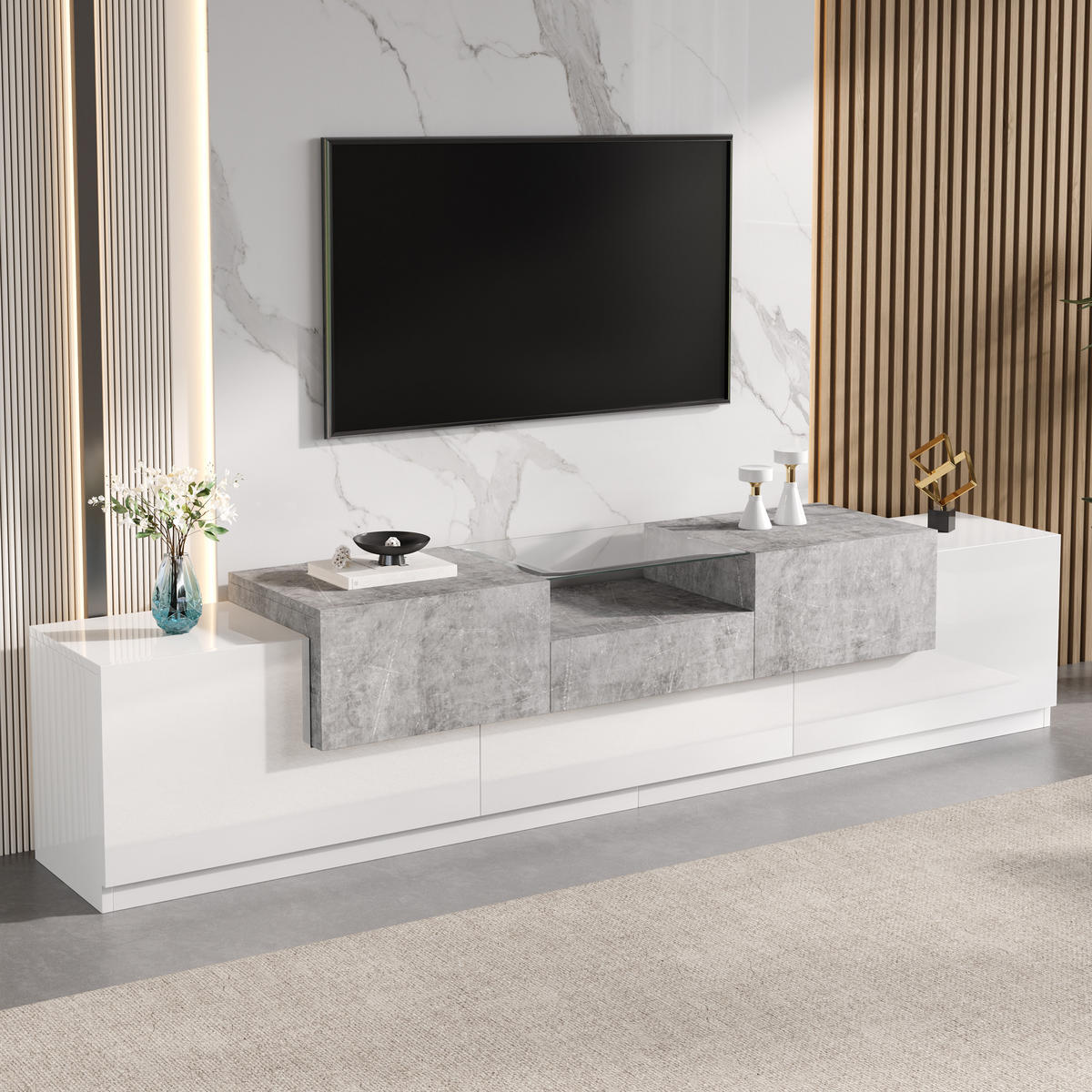 TV-SCHRANK Weiß Zementgrau mit Schublade und Glastür - Weiß, Holzwerkstoff (200/48.5/33cm) - FLIEKS
