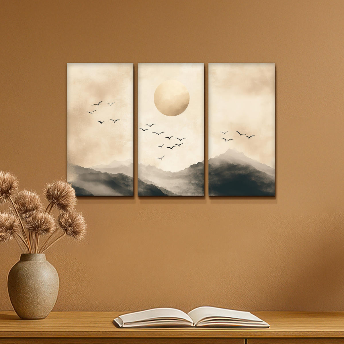 LEINWANDBILD 3er Set Landschaft - Japandi - Beige - Vögel 60x40 cm - Beige, Textil (60/40cm) - MuchoWow