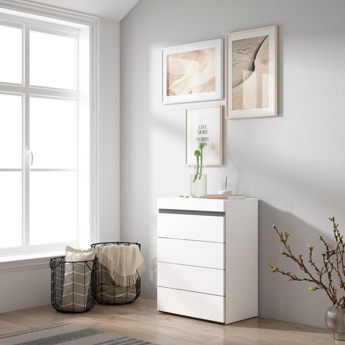 KOMMODE mit Schubladen, Sideboard Schrank, weiß und schwarz, 35/57/75cm - Weiß, Holzwerkstoff (57/75/35cm) - Skraut Home