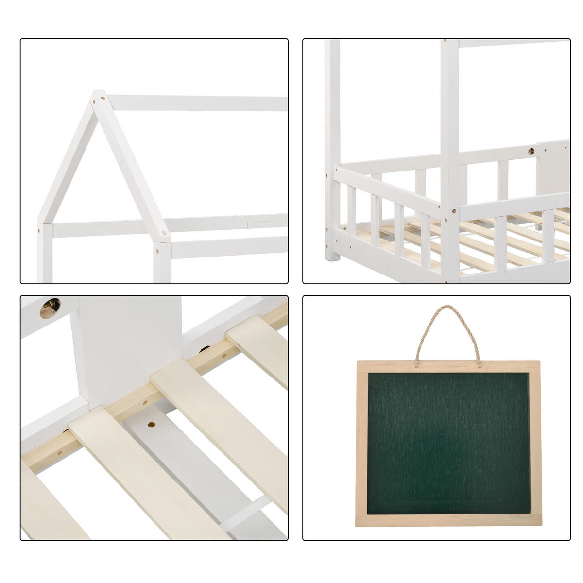 HAUSBETT 90/200 cm aus Kiefernholz mit Tafel und Rausfallschutz - Weiß, Holz (90/200cm) - OKWISH