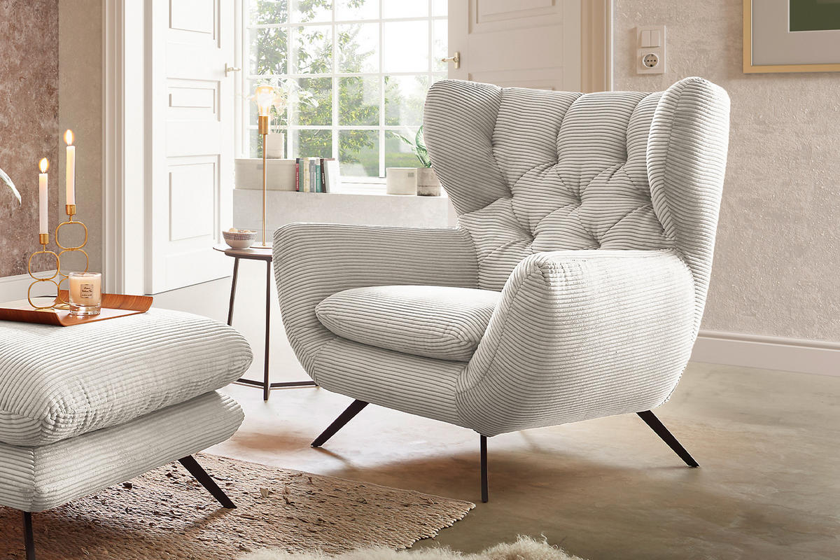 SESSEL CHARME Cremeweiß - Creme/Schwarz, Textil/Metall (100/106/95cm) - KAWOLA