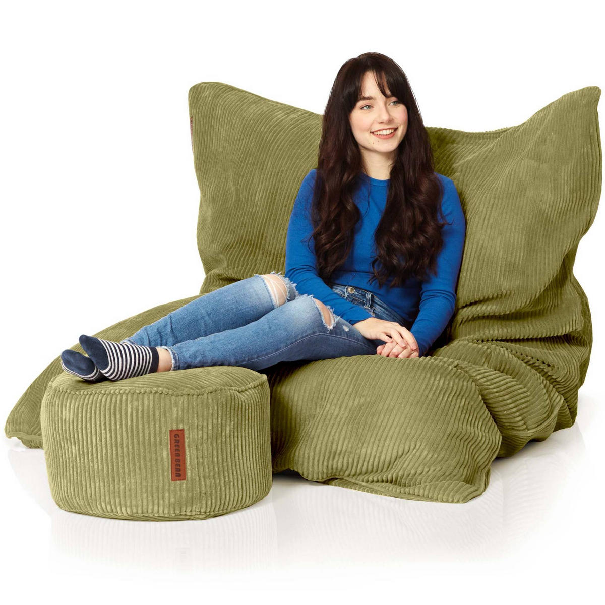 SITZSACK XXL "Square" + Pouf aus Cord - Grün, Textil (140/25/180cm) - Green Bean