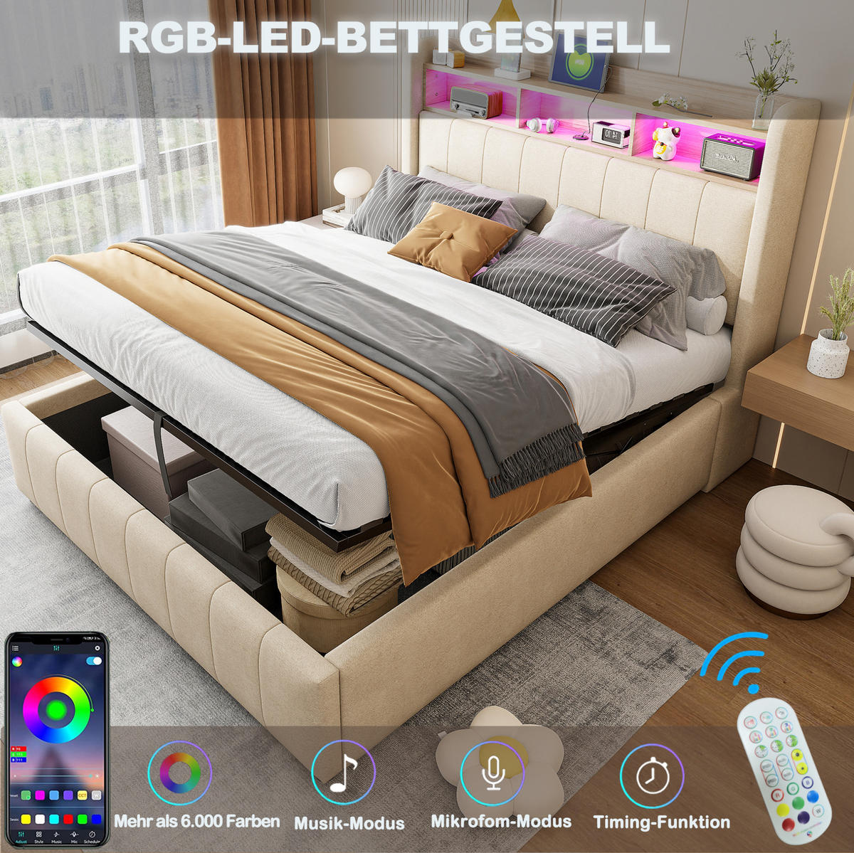 POLSTERBETT 160/200 cm Beige aus Leinenstoff mit LED und Stauraum - Beige, Textil (160/200cm) - OKMYHOME