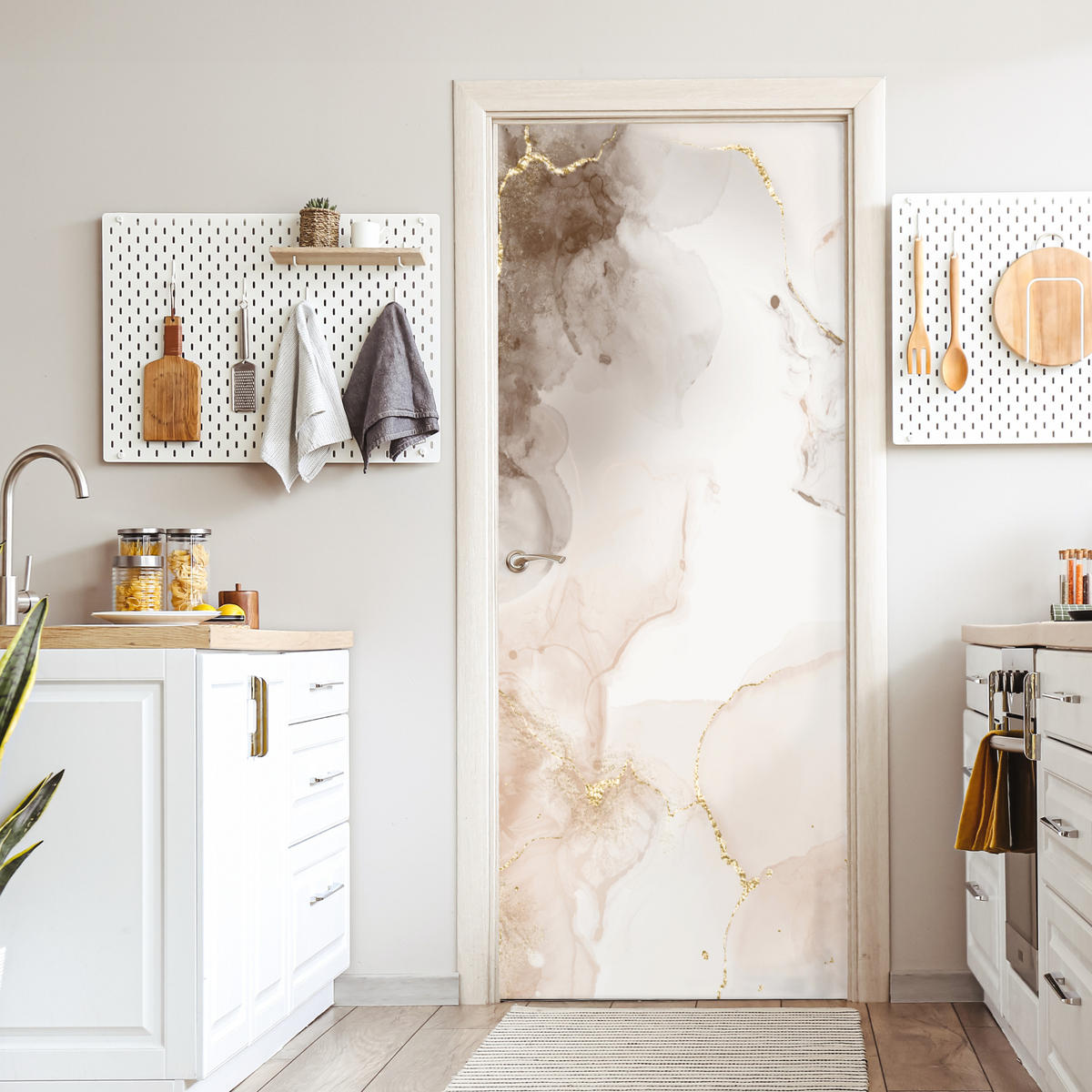 TÜRAUFKLEBER Selbstklebend - Marmor - Braun - Linie 95x215 cm - Türtapete - Champagner, Kunststoff (95/0.1cm) - MuchoWow
