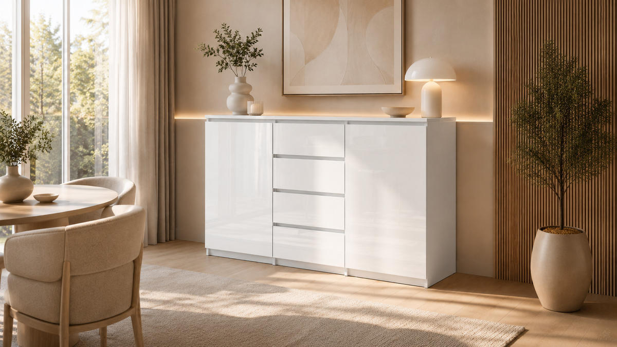KOMMODE Weiß Hochglanz 120 cm – Sideboard mit 2 Türen und 4 Schubladen - Weiß Hochglanz, Holzwerkstoff (120/99/35cm) - EMIX24