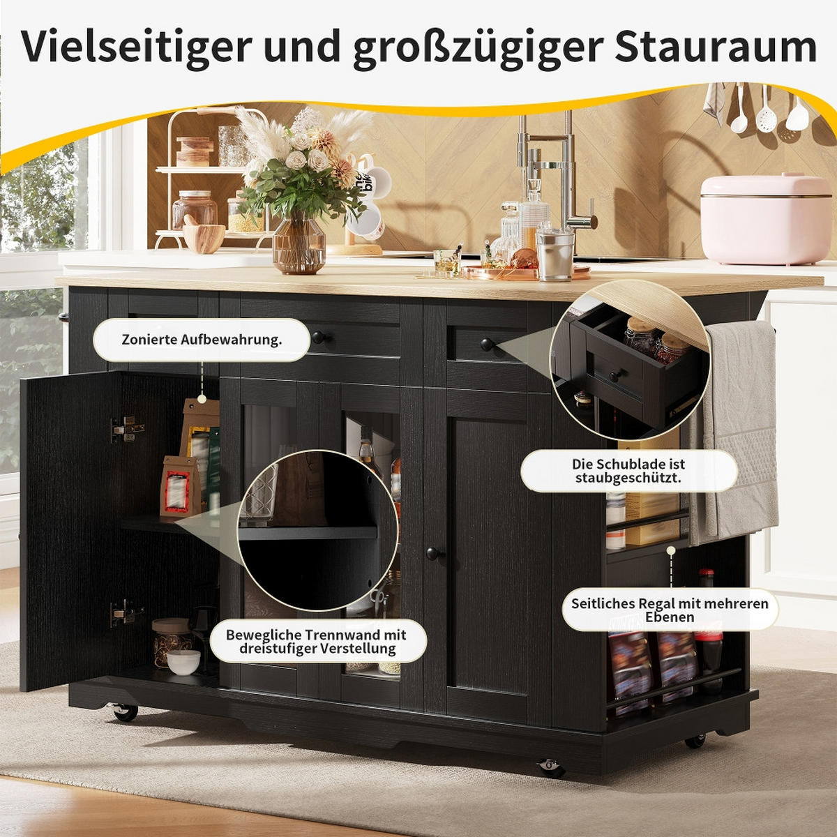 KÜCHENINSEL Klappbare Arbeitsplatte, Buffetschrank mit Glastüren, Schwarz-Holzmaserung, Küche, 151,5/85/91,7 cm - Schwarz, Kunststoff (60/91.7/151.5cm) - Rolipo