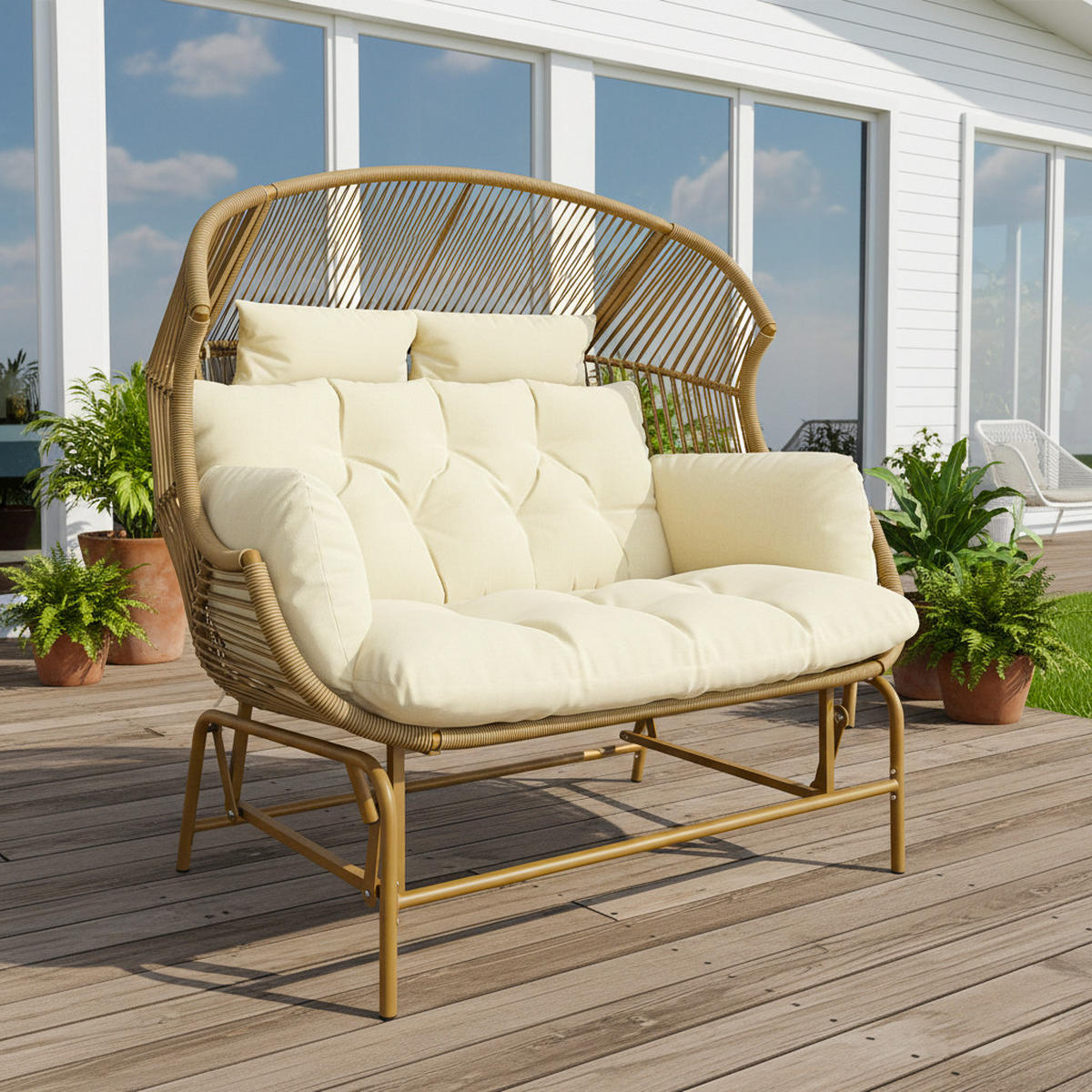 GARTENSCHAUKEL 145 cm Natur PE-Rattan 2-Sitzer Schaukelstuhl mit Kissen & Metallgestell für Balkon und Terrasse - Naturfarben, Metall (145/143/85cm) - Urban Meuble