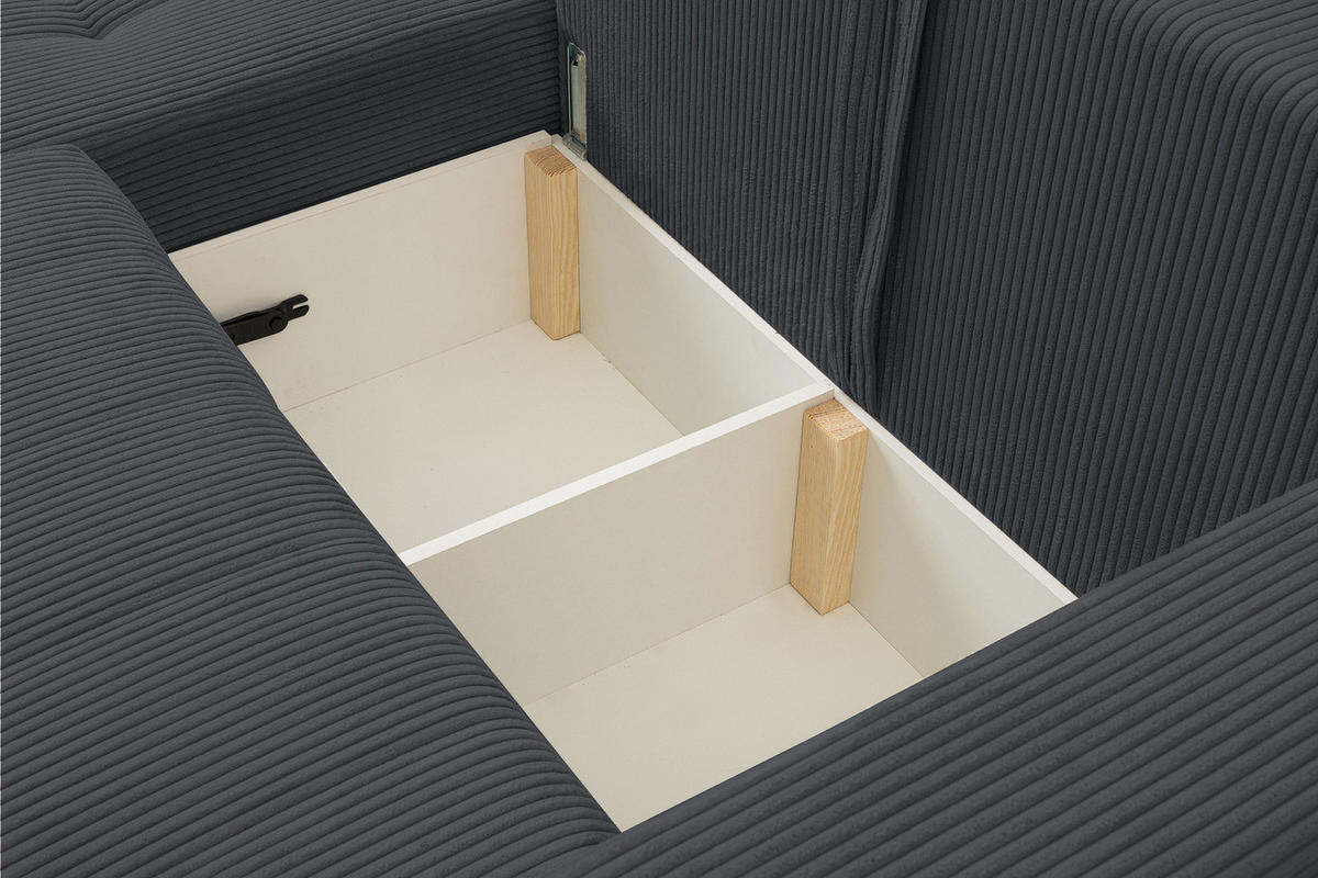 ECKSOFA Palermo mit Schlaffunktion und Bettkasten in Cordstoff - Dunkelgrau, Holz/Holzwerkstoff (245/143cm) - Ravio