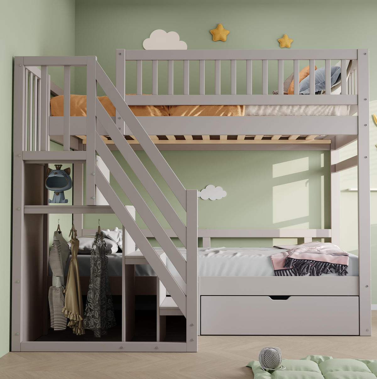 ETAGENBETT 90x200 cm in Grau mit Stauraum und Sicherheitsleiter - Grau, Holz (90/200cm) - OKMYHOME