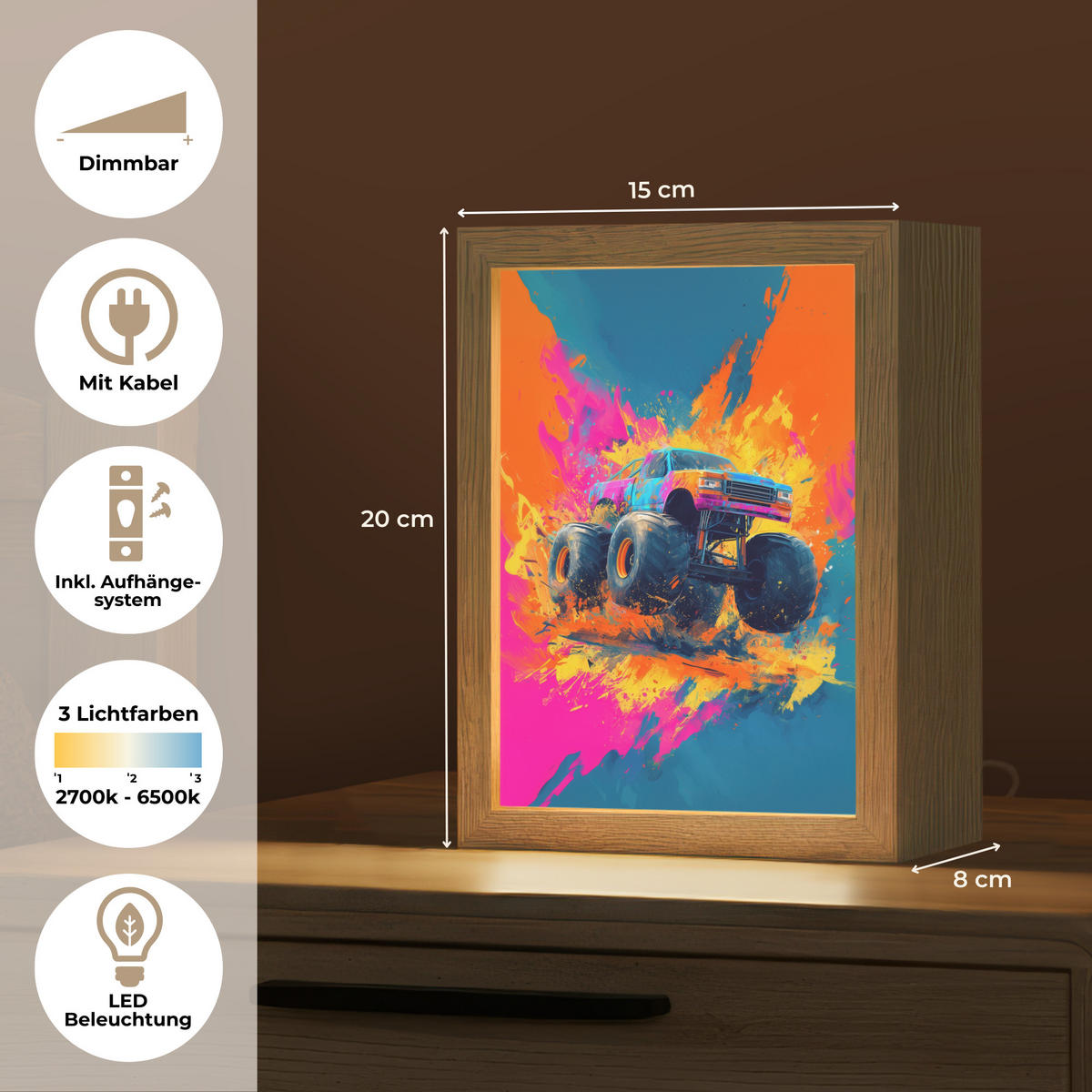 NACHTTISCHLAMPE Monstertruck - Abstrakt - Farbspritzer - Farbenfroh 15x20 cm - Pink, Holzwerkstoff (8/15/20cm)