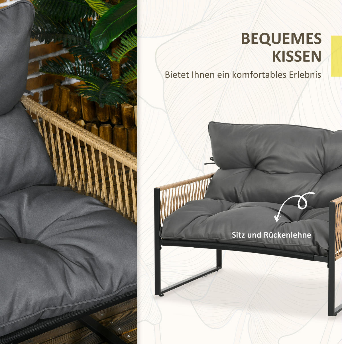 GARTENMÖBEL-SET 106/70/72 cm mit Glastisch, Sitzkissen und wetterbeständigem Polyrattan, Dunkelgrau - Dunkelgrau, Holzwerkstoff - Redom