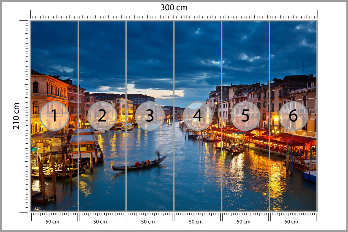 FOTOTAPETE für Büro Venezianischer Kanal Gondeln Abendstimmung Romantik 300x210 - Orange/Braun, Papier (300/210cm) - Muralo