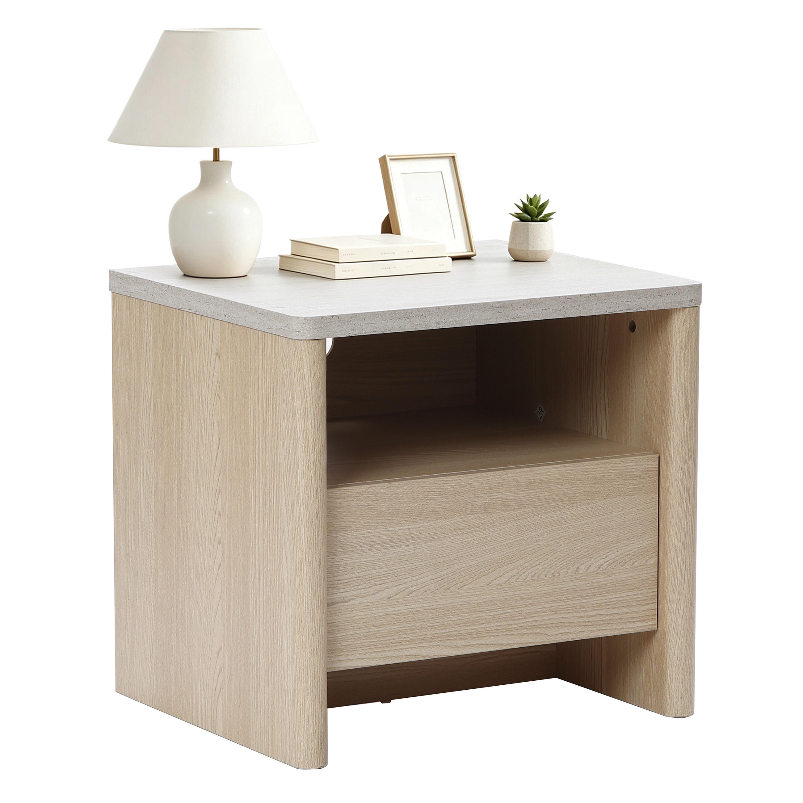 MODERNER Nachttisch mit Schnee-Eichenoptik, Schubladen & Kunst-Travertin-Platte | B53 x T45 x H50 cm - Braun, Holzwerkstoff (53/50/45cm) - Hometopia