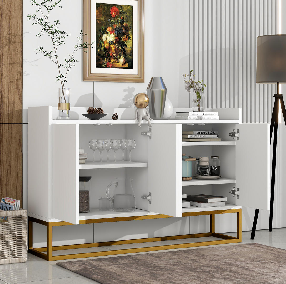 SIDEBOARD grifflos 120 x 30 x 80 cm Weiß 4-türig - Weiß, Holzwerkstoff (120/80/30cm) - Meubliv