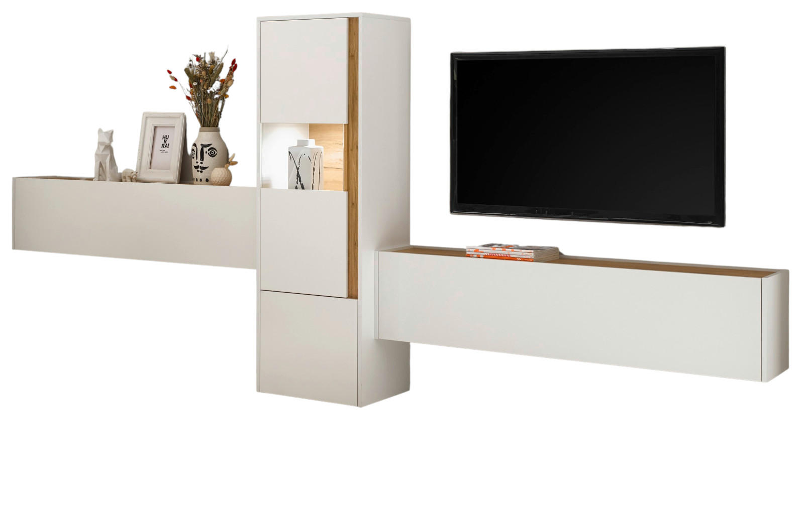 WOHNWAND 3-teilig weiß, Eiche Wotan 350 cm, Schrankwand modernes Design - Eiche Wotan/Schwarz, Glas/Holz (350/155/40cm) - Furn.Design