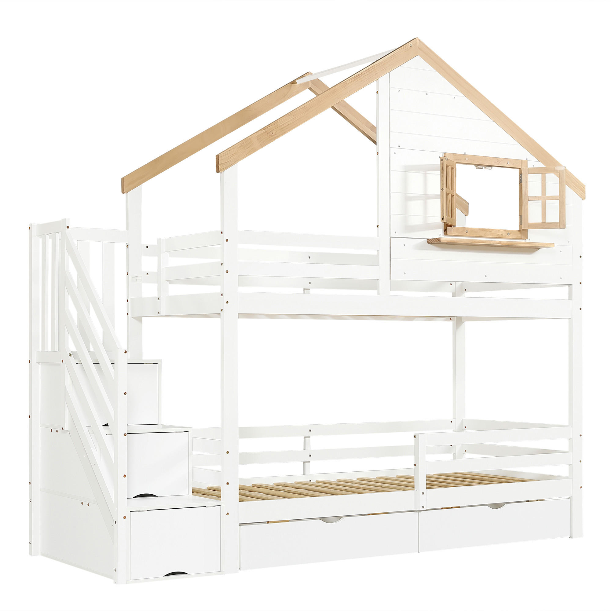 ETAGENBETT Kleinhaus Weiß+Natur 90x200cm - Naturfarben, Holz (90/200cm) - ComfortXL