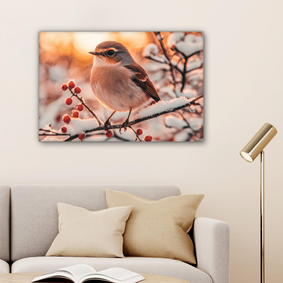 LEINWANDBILD Vogel - Zweig - Winter - Tiere - Schnee Wanddeko 90x60 cm - Bernsteinfarben, Textil (90/60cm) - MuchoWow