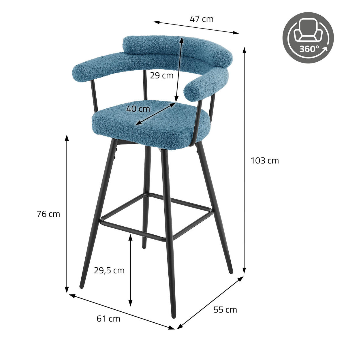 BARHOCKER 4ks sada otočná modrá s plyšovou látkou, výška 76 cm - modrá/černá, kov/textil (61/103/55cm) - ML-DESIGN