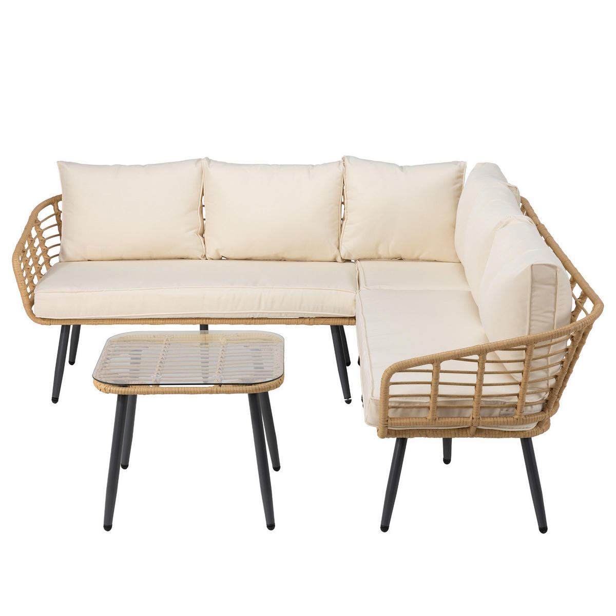 LOUNGESET - Polyrattan / Polyester - Braun / Creme - 4-teilig - Beige/Braun, Naturmaterialien/Glas - home24