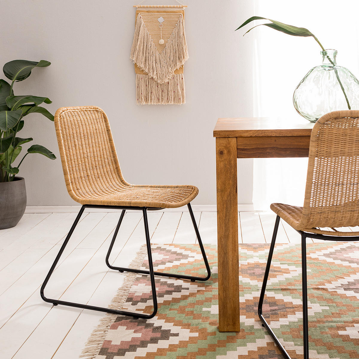 ESSZIMMERSTUHL - Rattan / Metall, 2er-Set - Beige/Schwarz, Naturmaterialien (64/80/56cm) - home24