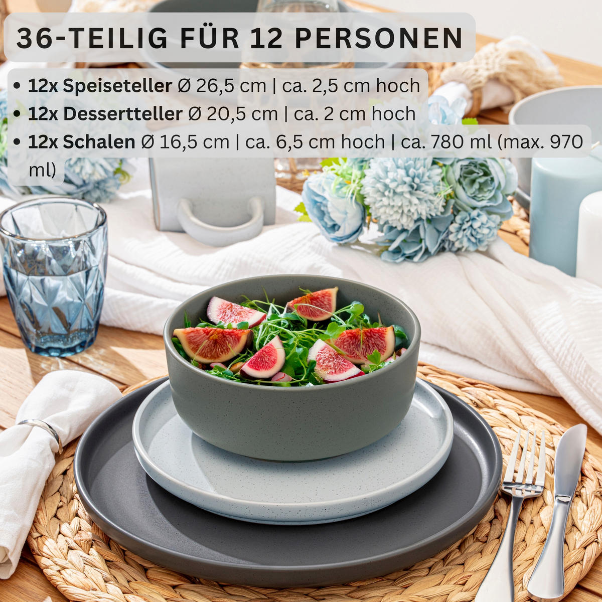 TAFELSERVICE LEEDS - 36 teilig aus Steingut 12 Personen - Multicolor, Stein (50/30/80cm) - Sänger