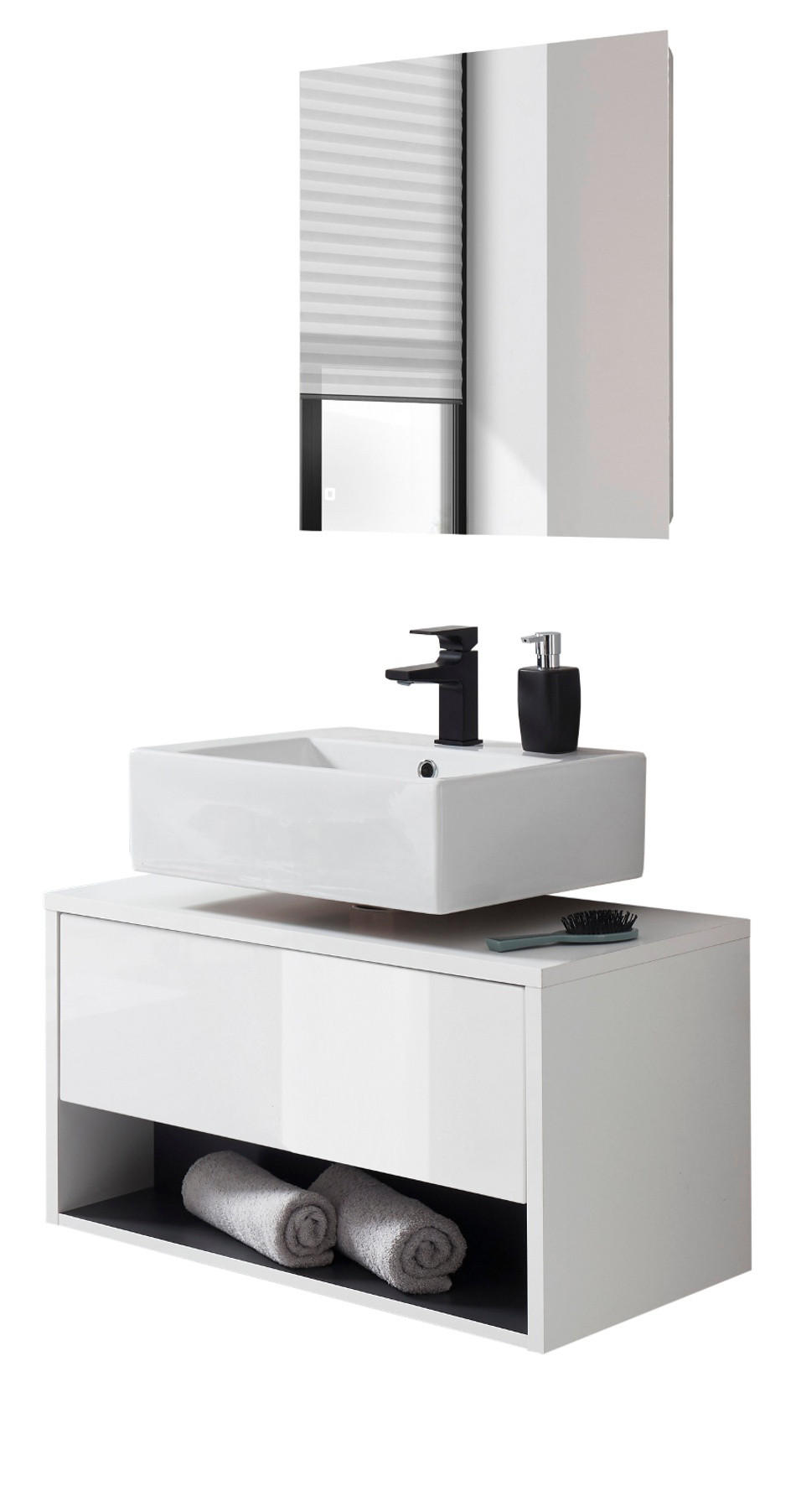 BADMÖBEL Set 2-teilig in weiß Hochglanz und grau mit LED Beleuchtung 80 x 190 cm Glide - Weiß Hochglanz/Grau, Glas/Holzwerkstoff (80/190/46cm) - Furn.Design