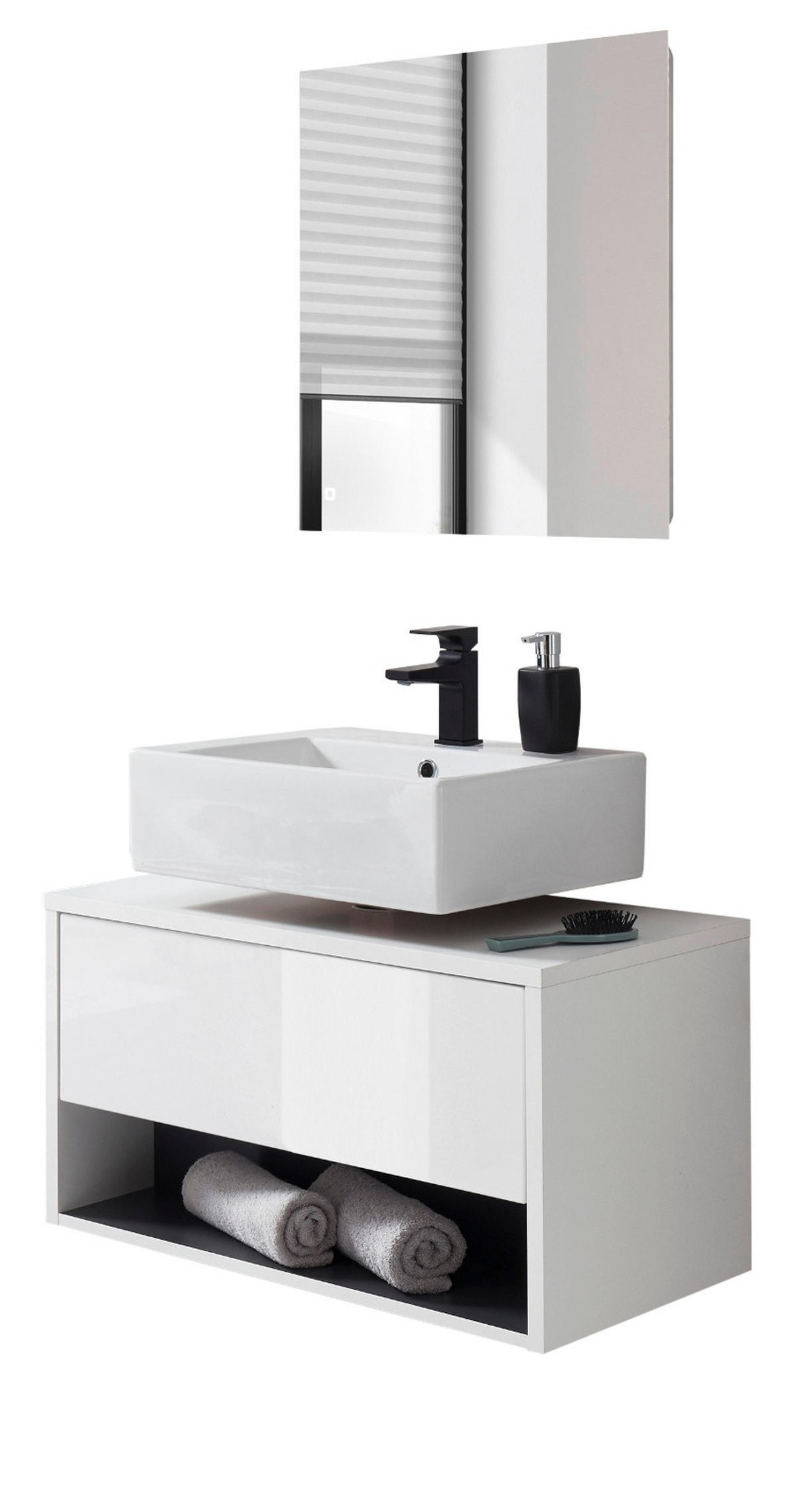 BADMÖBEL Set 2-teilig in weiß Hochglanz und grau mit LED Beleuchtung 80 x 190 cm Glide - Weiß Hochglanz/Grau, Glas/Holzwerkstoff (80/190/46cm) - Furn.Design