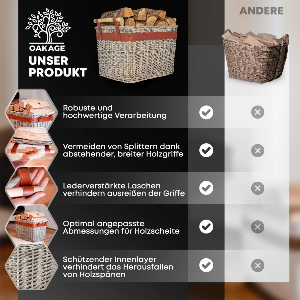 KAMINHOLZKORB WillowWrap Weide mit ausreißsicheren Holzgriffen 50/40/35 cm - Grau, Naturmaterialien (40/35/50cm) - OAKAGE