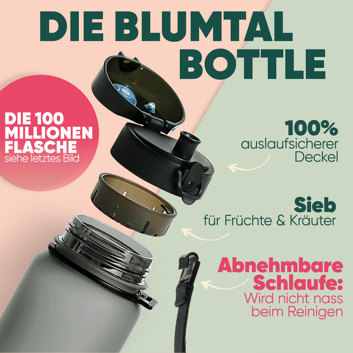 TRINKFLASCHE 1L - auslaufsichere - 1-Klick-Verschluss - BPA - freie - Grau - Grau, Kunststoff (1L) - Blumtal