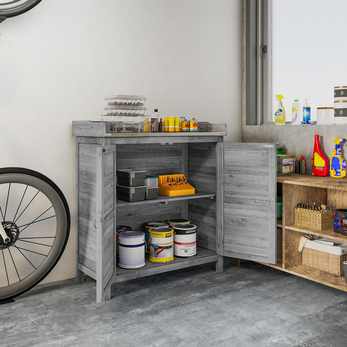 GARTENSCHRANK Tannenholz Metall Grau - Grau, Holz (40/92/83cm) - Outsunny