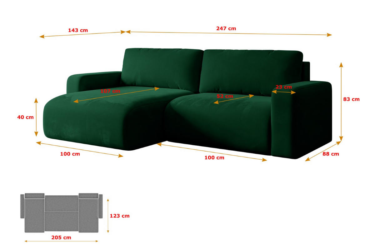 ECKSOFA mit Schlaffunktion und Bettkasten KLEEA-L - 247x143x83 cm Grün Velours - Schwarz/Grün, Holzwerkstoff/Kunststoff (247/143cm) - ALTDECOR