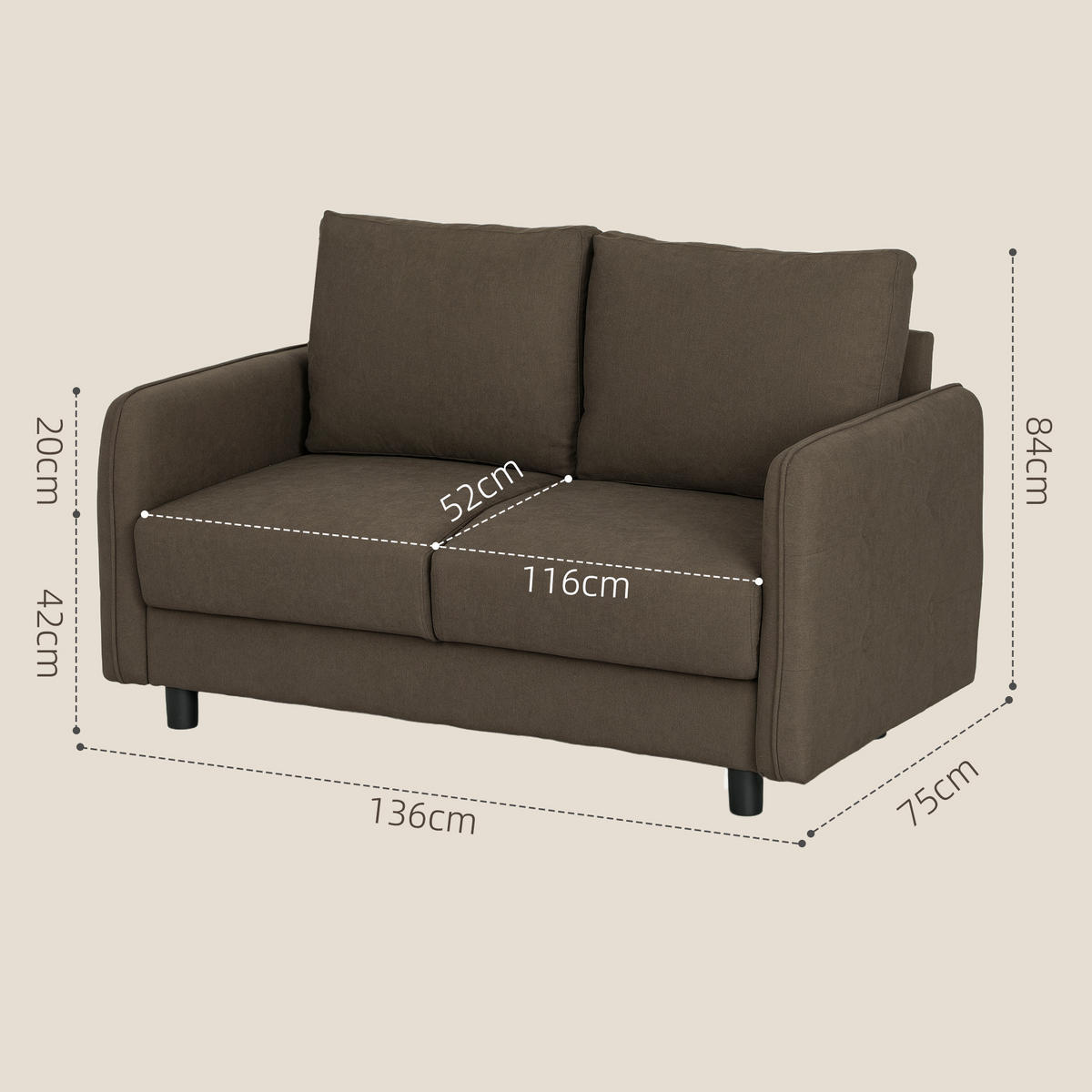 SOFA 2 Sitzer, 136 x 75 x 84 cm, Braun - Braun, Textil (136/84/75cm) - HOMCOM
