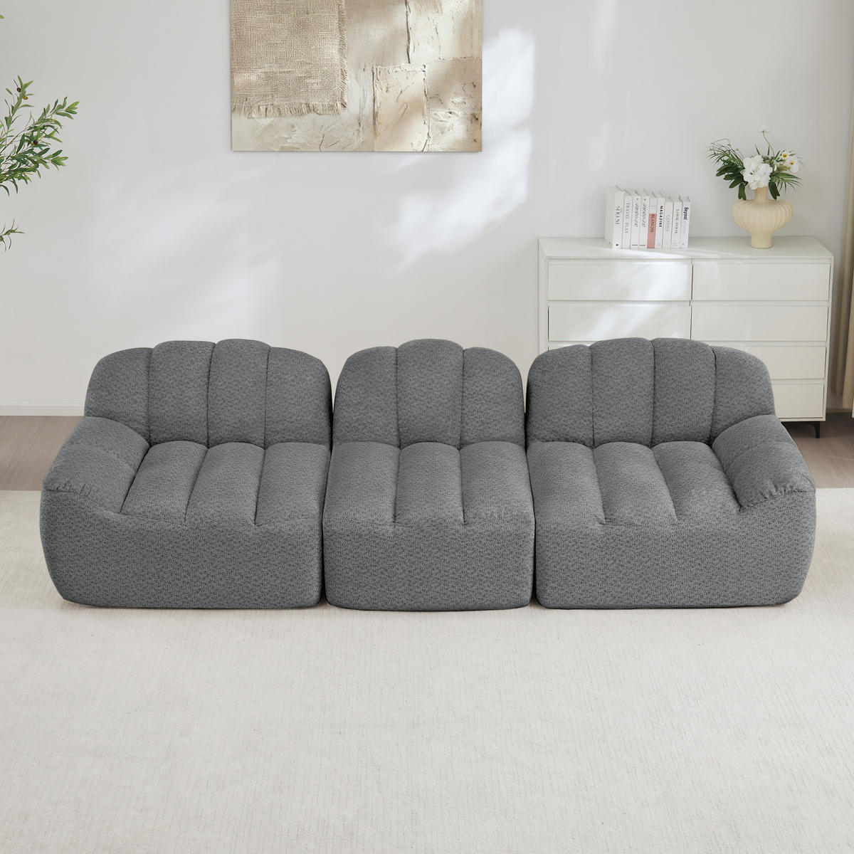 MODULARES 3-Sitzer-Sofa aus granuliertem Fleece mit Ottoman und tiefem Sitz Grau - Grau, Textil (104/79/288cm) - Modenvie