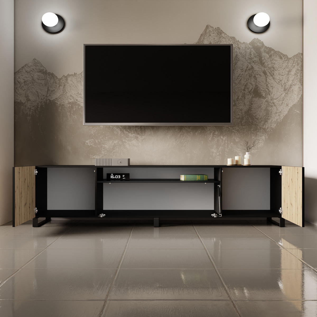 TV-SCHRANK CORA - Schwarz/Eiche Artisan, Holzwerkstoff (200/53/41cm) - Meblini