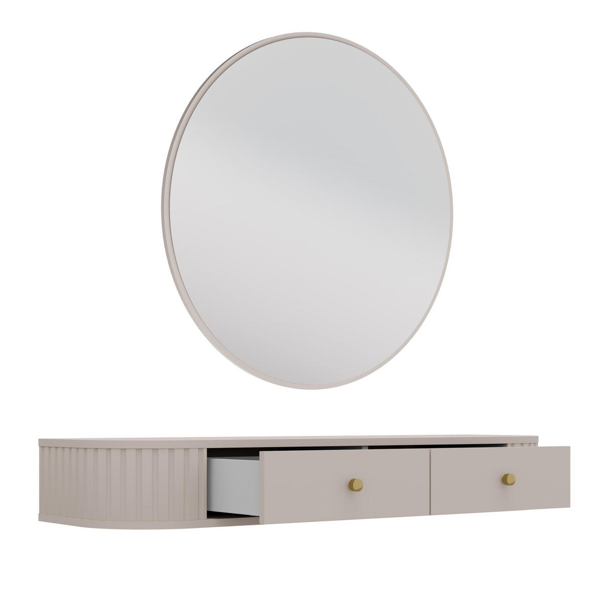 KONSOLENTISCH Halay Beige 2 Schubladen mit runden Kanten + Rund Spiegel 100 cm - Beige/Goldfarben, Holzwerkstoff/Metall (35.9/123/17.5cm) - AX Living