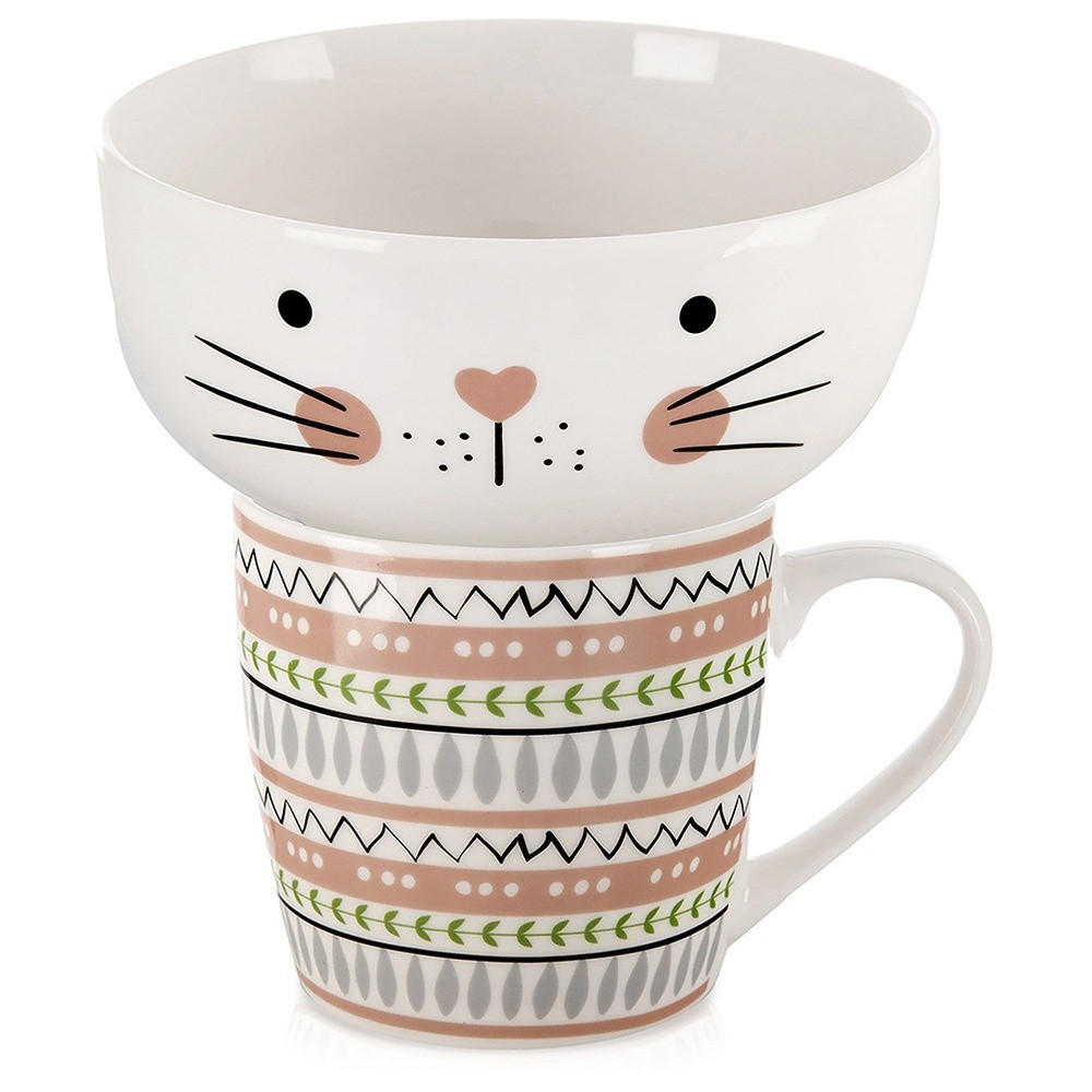 FRÜHSTÜCKSSET KATZE, Porzellan, weiß, 2-teilig - Weiß, Keramik (0.35L) - Orion 