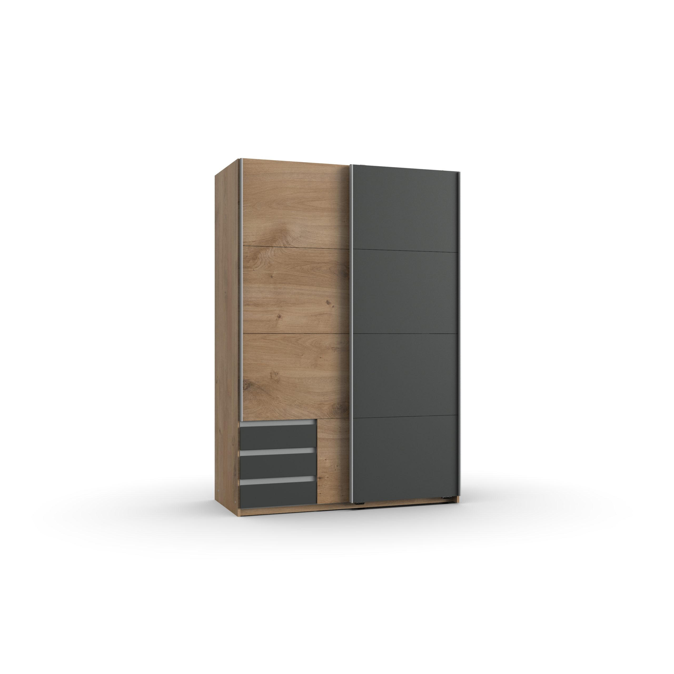 KLEIDERSCHRANK Emden in Plankeneiche mit Graphit - Schwebetürenschrank Breite 135 cm ohne Spiegel - Silberfarben/Braun, Holzwerkstoff (135/198/65cm)