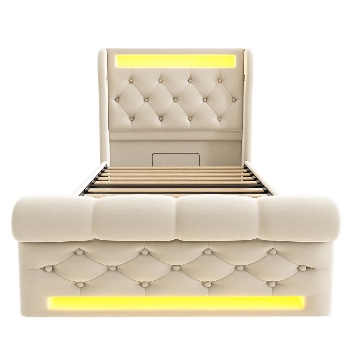 POLSTERBETT 90/200 cm mit LED-Beleuchtung, USB- und Type-C-Anschluss, hydraulischem Stauraum und Samtbezug, Beige - Beige, Textil (90/200cm) - Redom